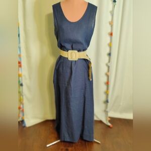 Flax Navy Linen Maxi Dress with Woven Cream Belt